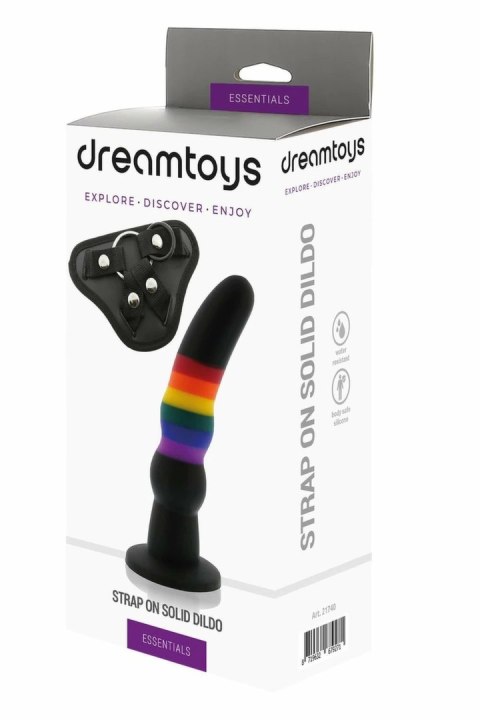 ESSENTIALS Strap On Solid Dildo silikonowy tęczowy z uprzężą