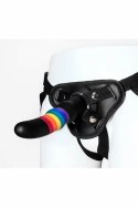 ESSENTIALS Strap On Solid Dildo silikonowy tęczowy z uprzężą