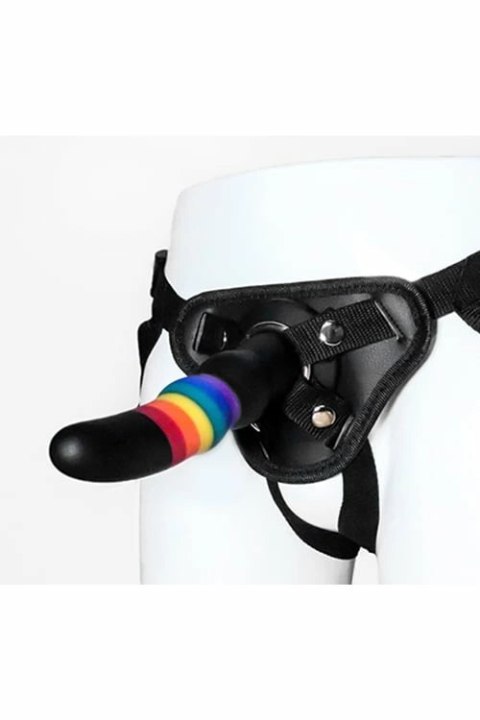 ESSENTIALS Strap On Solid Dildo silikonowy tęczowy z uprzężą