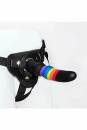 ESSENTIALS Strap On Solid Dildo silikonowy tęczowy z uprzężą